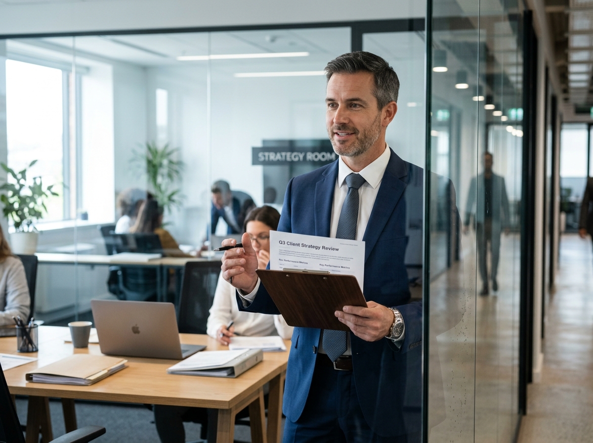 Male benefits consultant holding clipboard through office glass panel