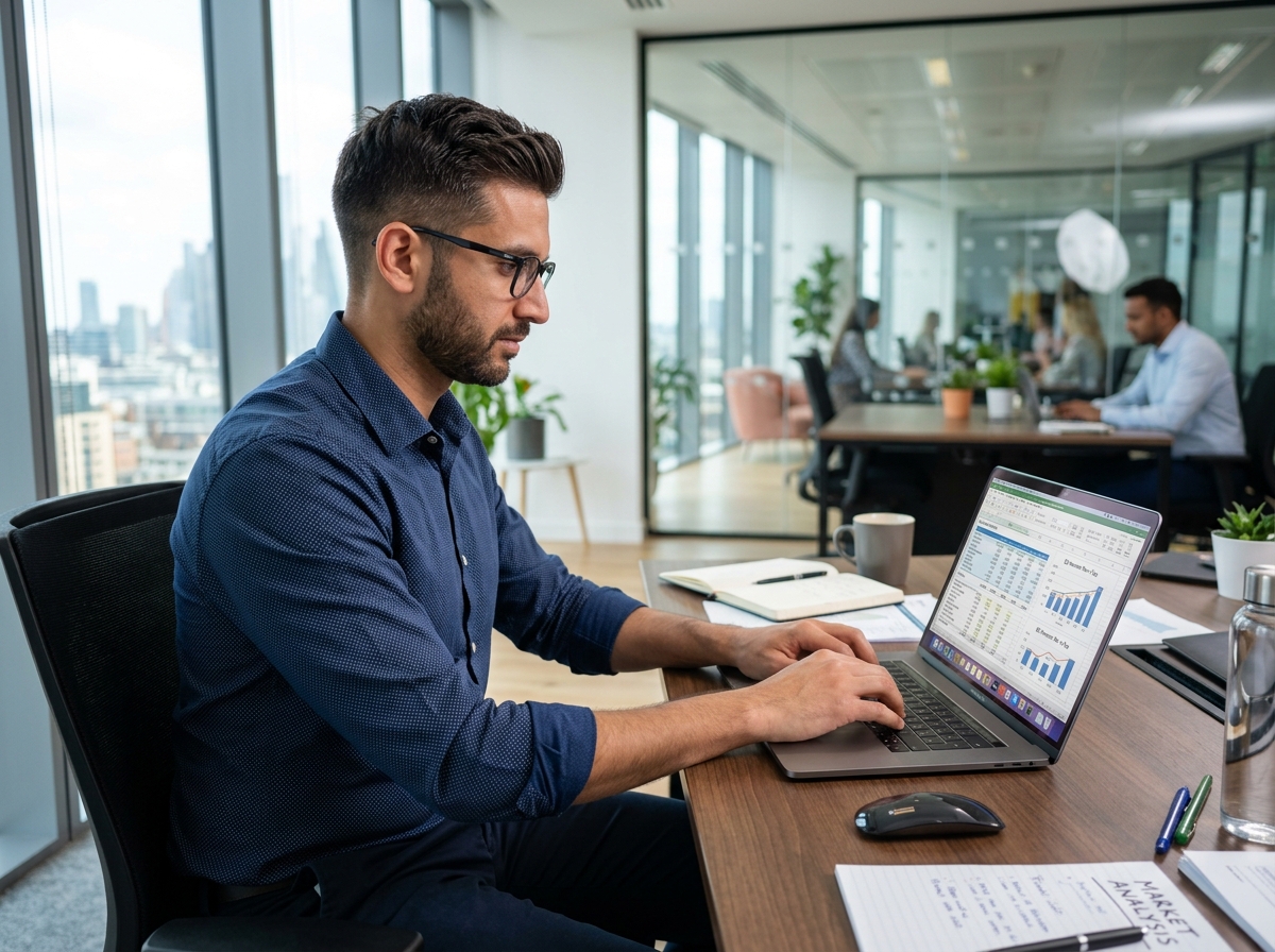 Male financial analyst with glasses working on laptop