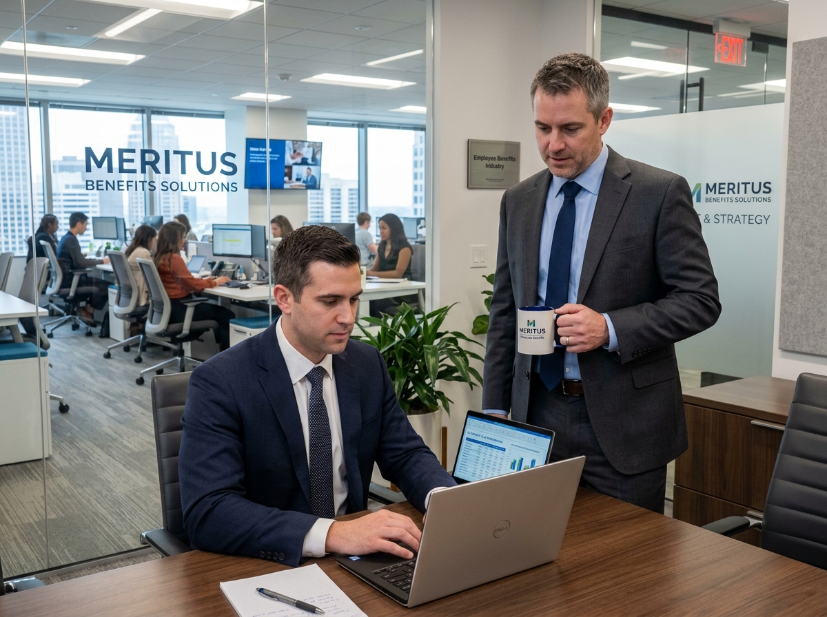 Two professional men in a business meeting, employee benefits consulting