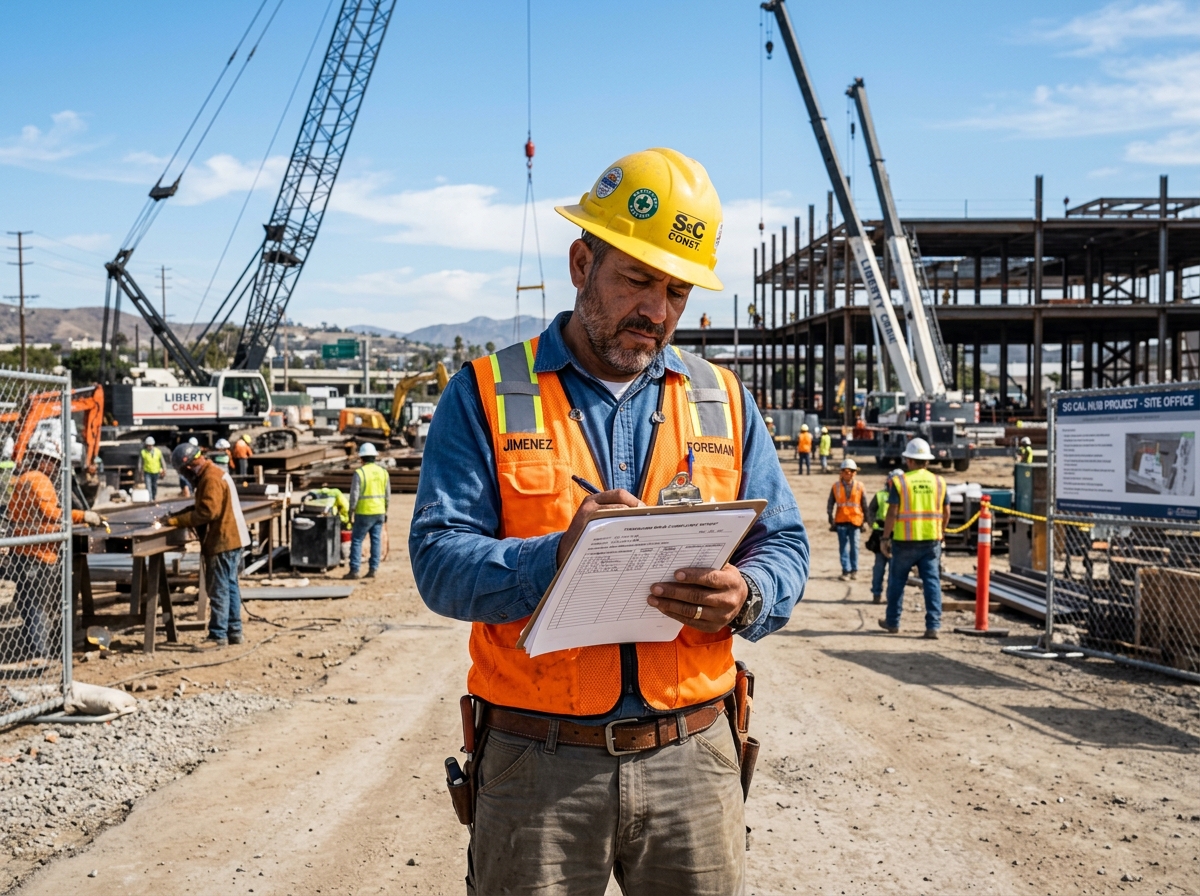Male construction supervisor reviewing Davis Bacon prevailing wage benefit documents