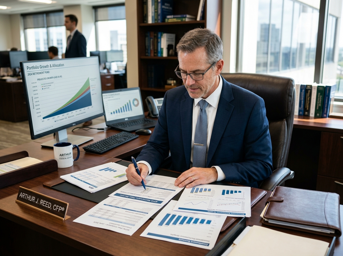 Professional male financial advisor reviewing retirement plan documents